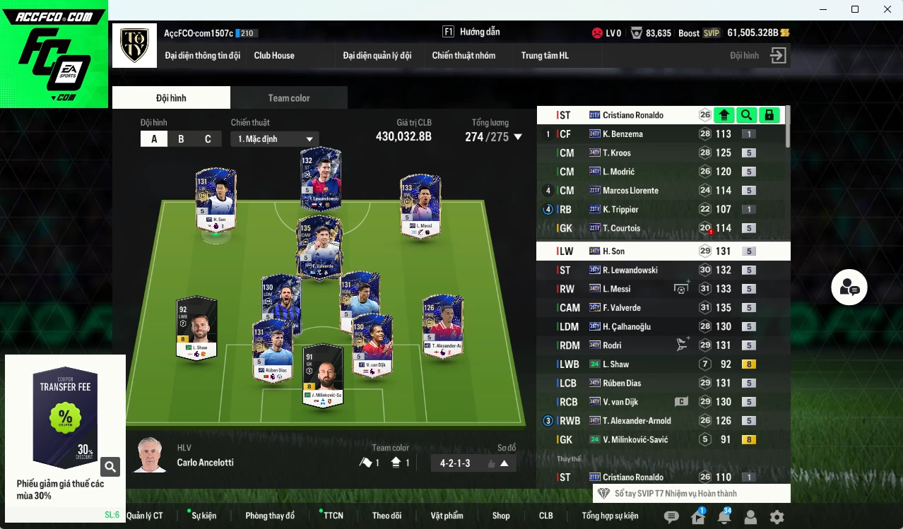 [ACC Rẻ🔥] Full mùa TY 430.030b (Team phụ VN+8+9) dư 61.500b có Valverde 25TY, Messi 24TY, Rodri 24TY, Rúben Dias 24TY, Lewandowski 25TY, Kroos 24TY, Son 24TY, Calhanoglu 25TY, Van Dijk 24TY... HLV Xịn